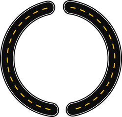 Fototapeta premium Circular graphic line in the shape of a circle, in the shape of two paved street with dashed line as surface marking for traffic signage on the road forming a semicircle.