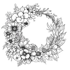 Elegant flower circle wreath coloring page for artistic creativity, printable wall art, and craft activities