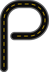 Curved graphic line, in the shape of a paved street with dashed line as surface marking for traffic signage on the road, forming the letter P of the alphabet