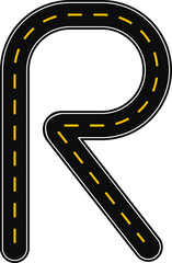 Fototapeta premium Curved graphic line, in the shape of a paved street with dashed line as surface marking for traffic signage on the road, forming the letter R of the alphabet