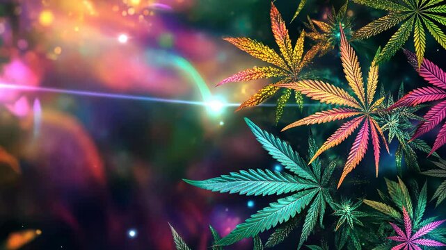 Vibrant cannabis leaves in dynamic psychedelic light display. 420 Day