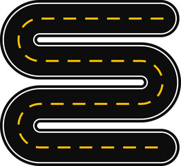 Curved and sinuous graphic line, in the shape of a paved street with dashed line as surface marking for traffic signage on the road, following a sinuous S-shaped path with straight lines at the ends.