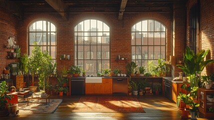 Obraz premium Cozy urban kitchen filled with plants and natural light