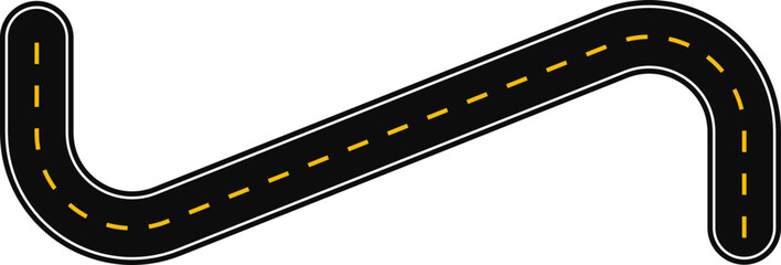 Fototapeta premium Curved and diagonal graphic line, in the shape of a paved street with dashed line as surface marking for traffic signage on the road.
