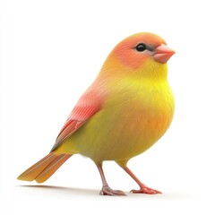 Vibrant, orange-yellow finch stands out against a white background.