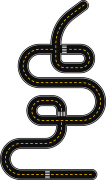 Curved graphic path, shaped like a paved street with dashed line as surface marking for traffic signage on the road, with a loop and sinuous curves