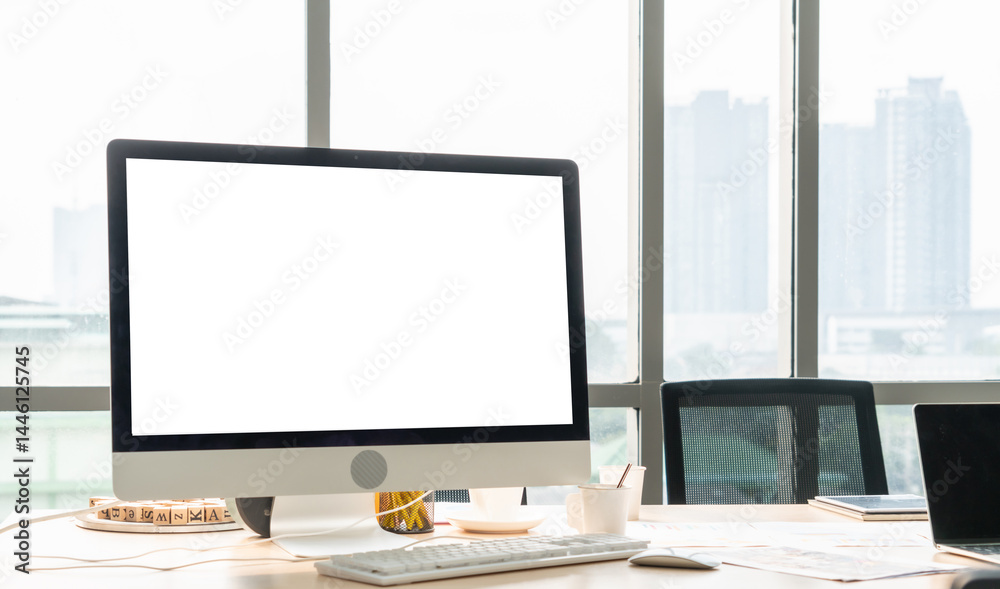 Poster white empty screen on modish computer for your design mock up on the monitor display