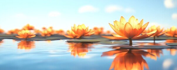 Orange lotus flowers blooming gracefully on reflective water surface