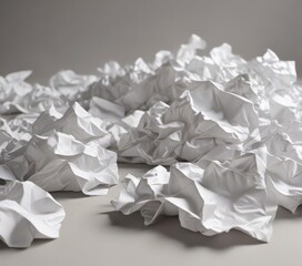 Several crumpled sheets of white paper, scattered, light and shadow , wrinkles, creases, design