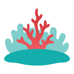Cute stylized red coral and blue seaweed isolated on white background