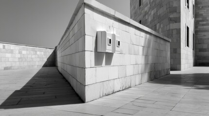 Obraz premium Modern Security Cameras Mounted on White Concrete Wall in Minimalist Urban Environment