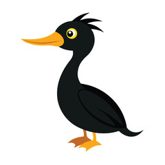 Cartoon illustration of a cute black duck with yellow beak and feet