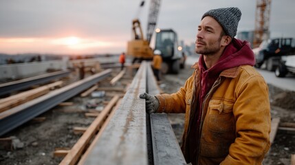 Fototapeta premium Focused Male Construction Worker Inspecting Steel Beam at Sunset on Busy Construction Site