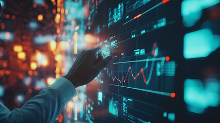 Navigating Digital Insights: A person's hand interacts with a high-tech digital interface, delving into complex data visualizations, graphs, and charts to unveil market trends, growth opportunities.