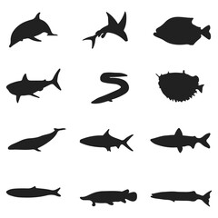 set of fish silhouettes Black and white fish vector on white background.