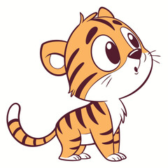 Adorable Cartoon Tiger Cub Standing and Looking Upward with Wide Eyes on White BG