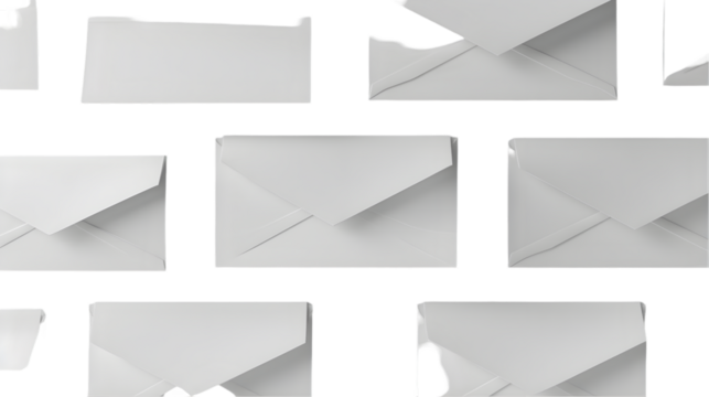 A collection of multiple white envelopes arranged randomly on a dark background in a studio shot 