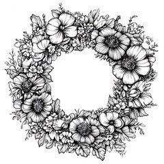 Fototapeta premium Exquisite black white flower wreath line drawing perfect for relaxation coloring sessions and artistic inspiration