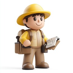 Cartoon hiker with a guidebook explores the wilderness.