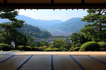 Serene mountain vista seen through traditional Japanese architecture