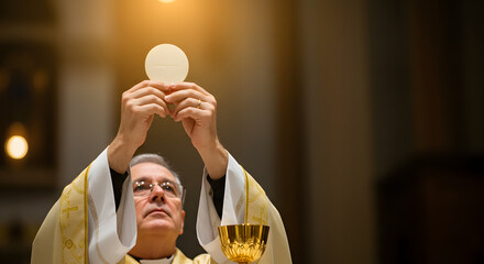 A priest performing a Eucharist during a religious service, holding the consecrated host up high.