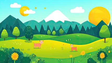 Sunny Meadow Cute Pigs in Mountain Landscape.