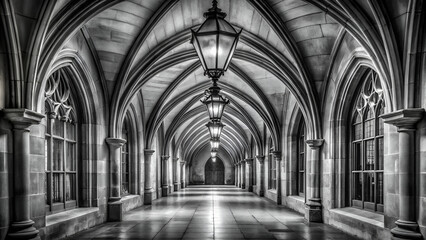 Gothic architecture, arched hallway, stone columns, vaulted ceiling, ornate lanterns, symmetrical perspective, reflective floor, black and white photography, dramatic lighting, vanishing point, 
