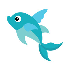 Cute light blue cartoon flying fish vector illustration isolated on white background