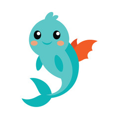Cute cartoon blue fish vector illustration with orange fins isolated on white background