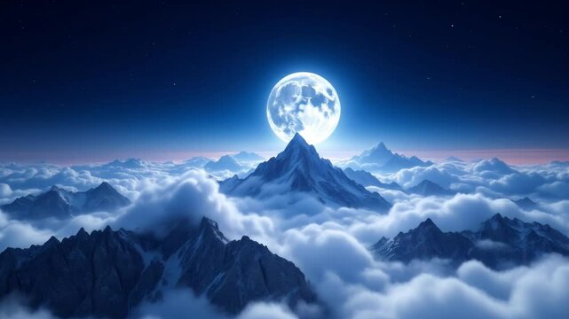Peaceful Landscape with Full Moon Over the Mountains

