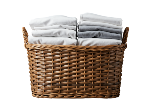 Neatly folded clothes in a wicker laundry basket.