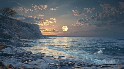 Serene coastal landscape at moonrise.