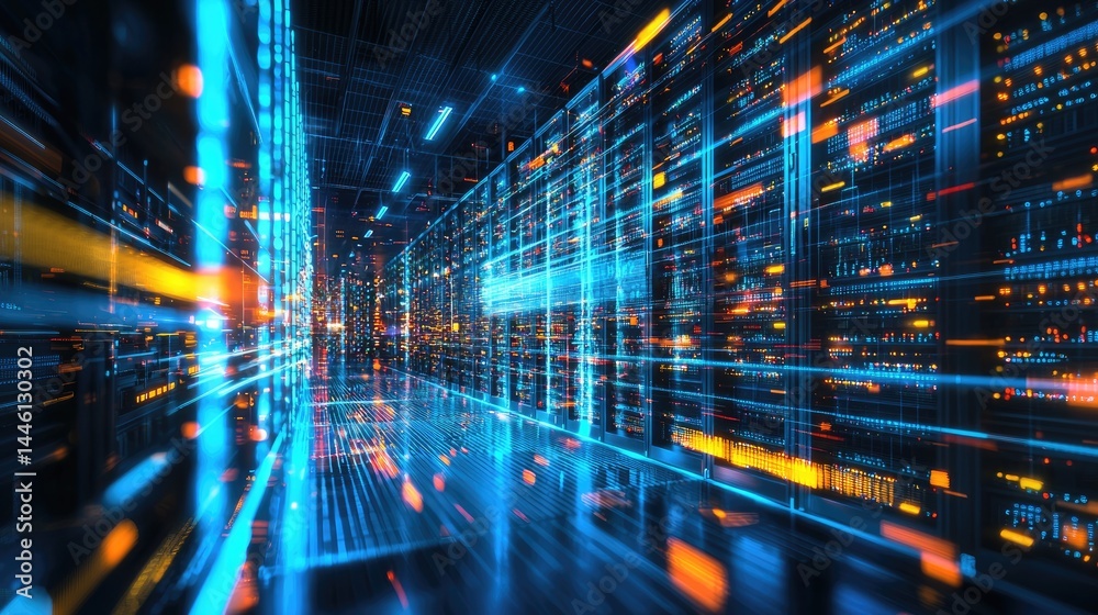 Aufkleber high-tech glowing server racks with motion blur effects, ideal for ai speed, fast data transfer, and