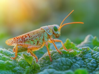 Close-up of a vibrant grasshopper on green foliage during sunset