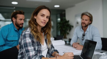 Obraz premium Business Meeting with Three Colleagues in a Modern Office Conference Room