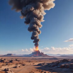 Immense smoke column ascends against a vibrant blue sky over a wide, barren landscape ,  climate,  volcanic eruption