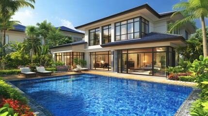 Luxurious house with a pool and tropical landscaping
