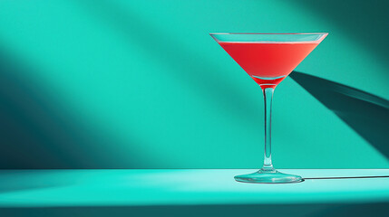 Red cocktail in martini glass against teal background
