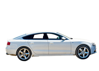 Modern white sedan car isolated on white background. Side view of luxury sedan car. mud splatters near the tires