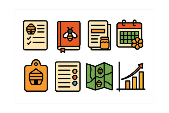 Flat vector icons of beekeeping documentation: hive inspection log, bee journal notebook, harvest record sheet, seasonal planning calendar, hive ID label, treatment tracking card, apiary map, colony