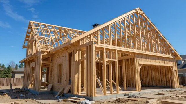 Wooden frame house under construction exterior view featuring house framing and building site daytime image for construction projects and real estate articles