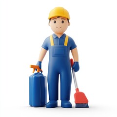 Smiling cartoon worker stands ready with cleaning supplies.