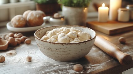 Fototapeta premium Freshly Rolled Dough Balls in a Ceramic Bowl with Baking Ingredients and Cozy Kitchen Setting
