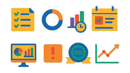 Flat vector icons of educational progress tracking: daily learning log, module percentage ring, time spent bar, weekly review card, progress dashboard icon, missed lesson alert, continuous learning