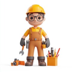 Fototapeta premium Smiling cartoon construction worker, ready for work.