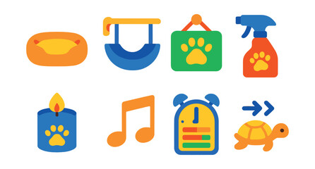 Flat vector icons of pet relaxation: cozy bed cushion, window hammock for cats, chill zone sign, calming spray bottle, pet-safe candle icon, relaxation music note, nap timer chart, slow pet movement