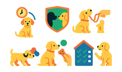 Flat vector icons of puppy training: puppy attention span icon, socialization badge, first leash intro, short command guide, baby teeth toy swap, reward for calm icon, house manners chart, early cues