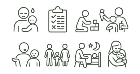 Line style icons of parenting goals: patient icon, balanced routine, creative play, healthy habits, calm response, family time, bedtime success, bonding time.