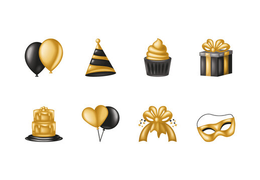 Black And Gold Festive Birthday Party Icons Set