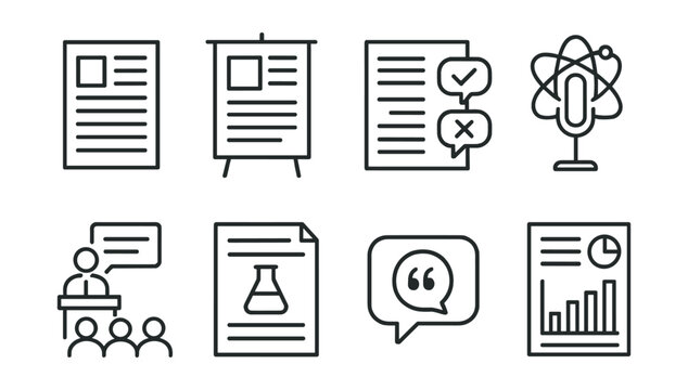 Line style icons of science communication: journal article, academic poster, peer review, science podcast, lecture icon, lab report, citation bubble, data infographic.